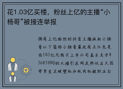 花1.03亿买楼，粉丝上亿的主播“小杨哥”被接连举报