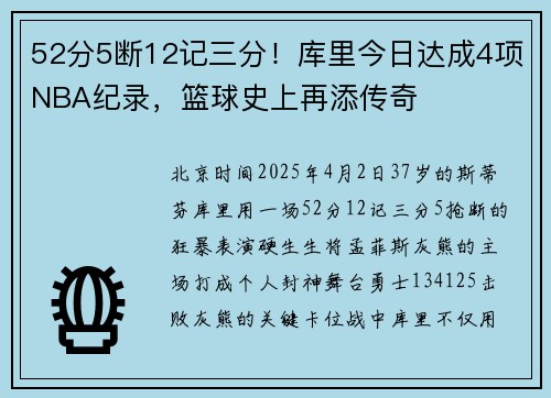 52分5断12记三分！库里今日达成4项NBA纪录，篮球史上再添传奇