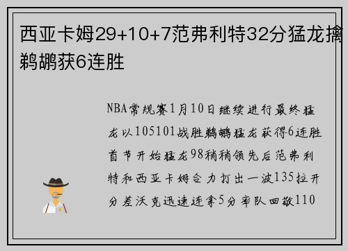 西亚卡姆29+10+7范弗利特32分猛龙擒鹈鹕获6连胜